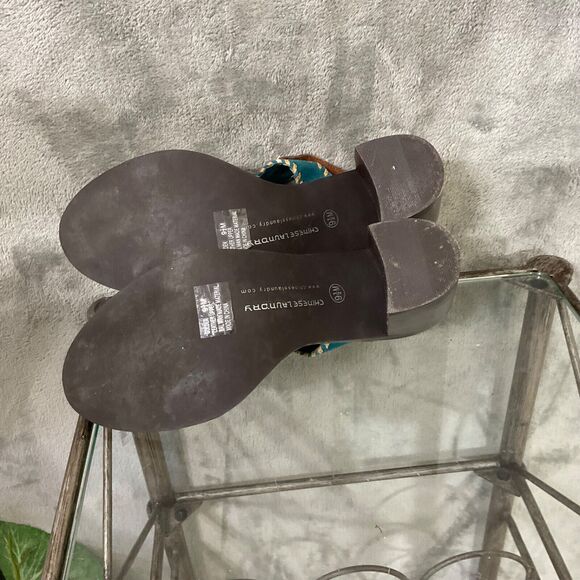 Chinese Laundry Golden LEATHER Heeled Stacked SANDALS WOMAN’S SIZE 9.5 Turquoise - Picture 9 of 10